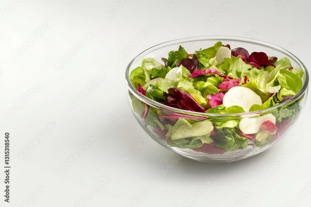Fresh Mixed Salad in Clear Glass Bowl on White Background - Vibrant Greens and Reds, Crisp Lettuce and Round Slices - Healthy Eating Concept Fresh Mixed Salad in Clear Glass Bowl on White Background - Vibrant Greens and Reds, Crisp Lettuce and Round Slices - Healthy Eating Concept
