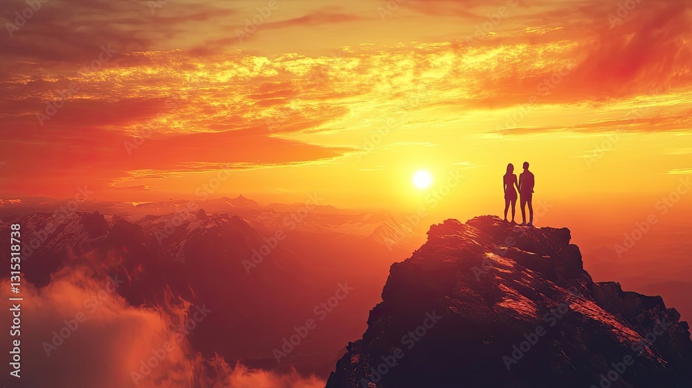 Silhouetted couple standing on a mountain peak during a vibrant sunset with vivid colors in the sky. Generative AI