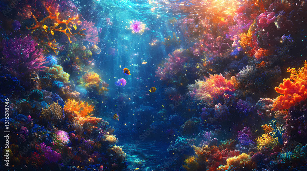 Fototapeta premium Mesmerizing cosmic reef teeming with ethereal celestial marine lifeforms in a vibrant visionary panorama. Prismatic - Coral Reef. Illustration