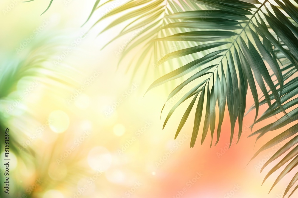 Obraz premium Tropical palm leaves summer background bokeh sunlight