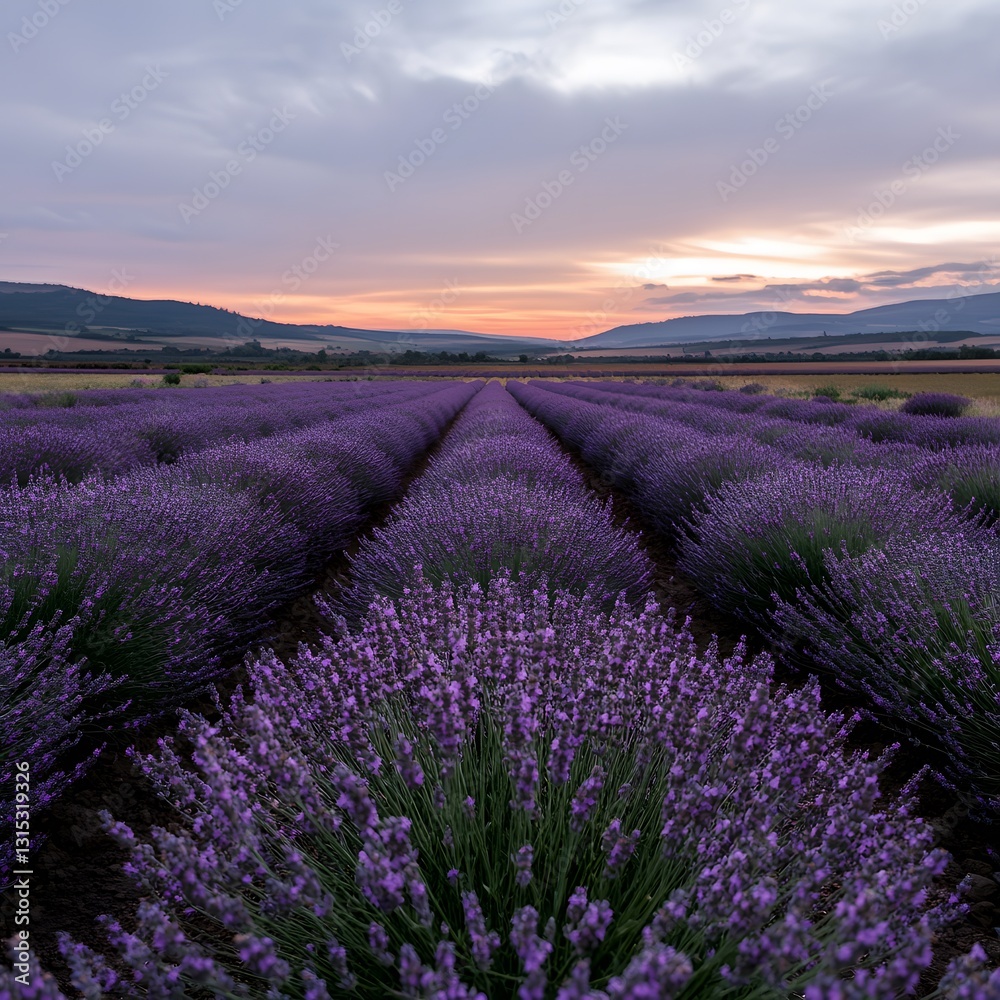Naklejka premium Sunrise Lavender Field Rows, Hilly Landscape, Peaceful Sunset