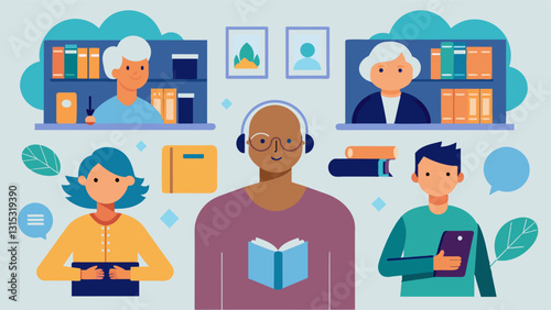 The city library hosts a community elder story project exhibit filled with photos and audio recordings of the diverse stories and perspectives of its aging population.. Vector illustration