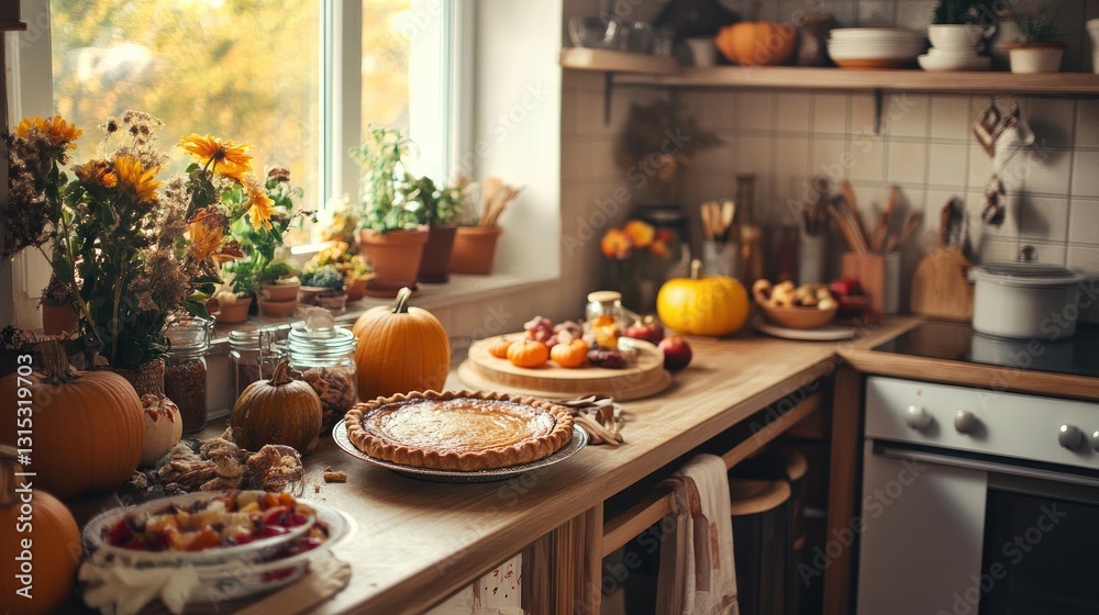 Fototapeta premium Rustic kitchen with a pumpkin pie and baking ingredients on a wooden table, illuminated by warm light. Generative AI