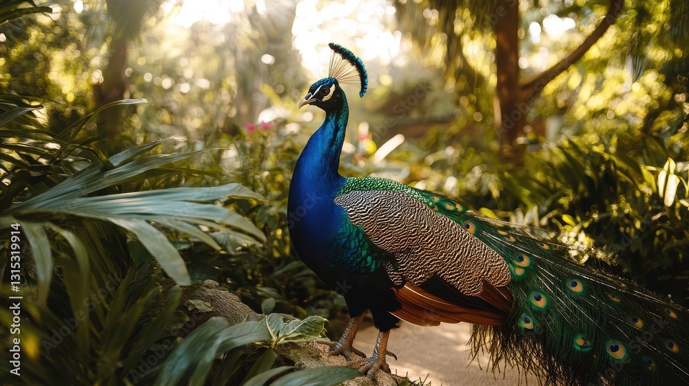 Obraz premium A peacock walking through a tropical garden, with its iridescent feathers shimmering, on a white isolated background