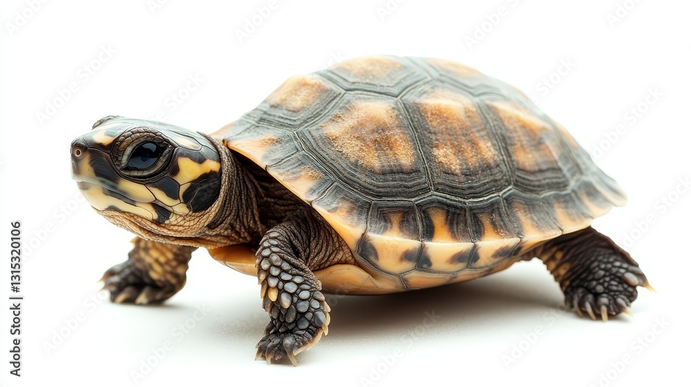A baby turtle crawling across the sandy beach toward the ocean, on a white isolated background A baby turtle crawling across the sandy beach toward the ocean, on a white isolated background