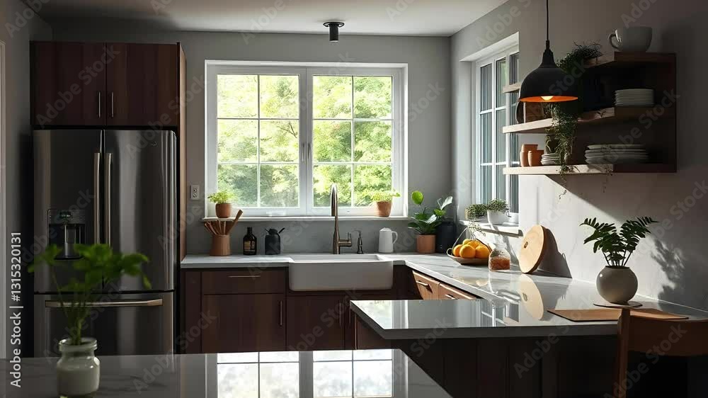Interior design of kitchen with dark brown wood cabinets Interior design of kitchen with dark brown wood cabinets