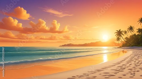Island palm tree sea sand beach. Panoramic shore landscape. Inspire tropical coast seascape horizon. Orange golden sunset sky calmness tranquil relax summer mood. Vacation travel tourism. Generated Ai