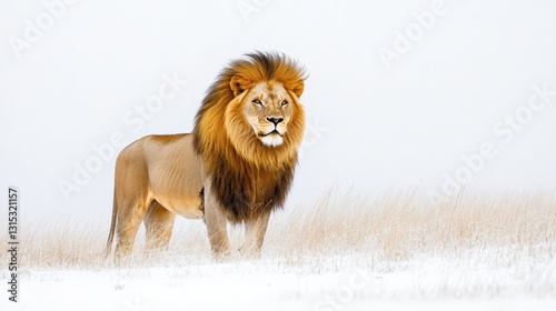 A majestic lion standing tall in the savannah, its golden mane flowing in the wind, on a white isolated background