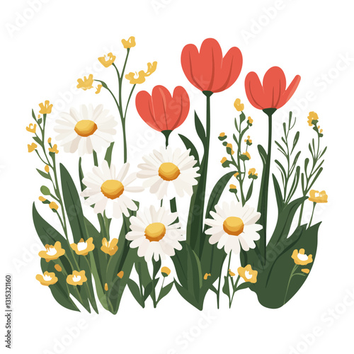 2D flat vector illustration Garden full of daisies and tulips icon isolated on a white background.

