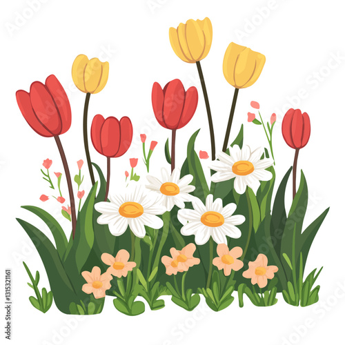 2D flat vector illustration Garden full of daisies and tulips icon isolated on a white background.

