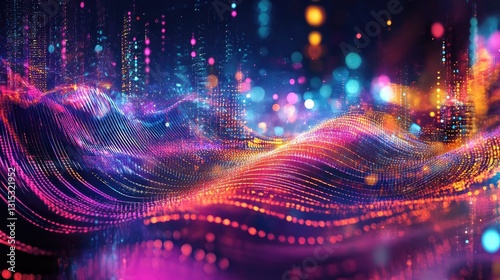 Abstract multicolored waves of glowing light resembling a vibrant digital landscape in motion. Generative AI