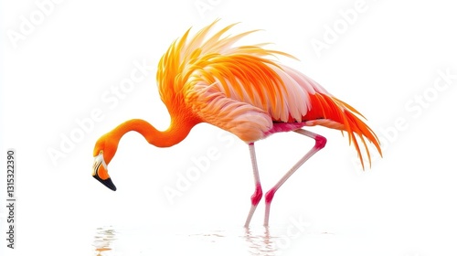 A group of flamingos standing in the shallow water, their long necks bent gracefully, on a white isolated background