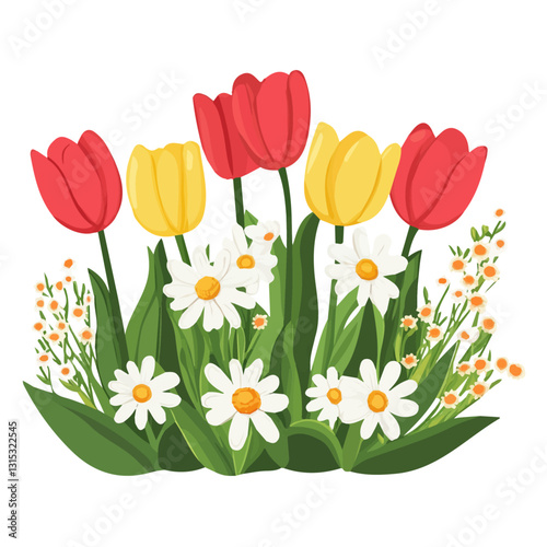 2D flat vector illustration Spring garden full of tulips and daisies icon isolated on a white background.

