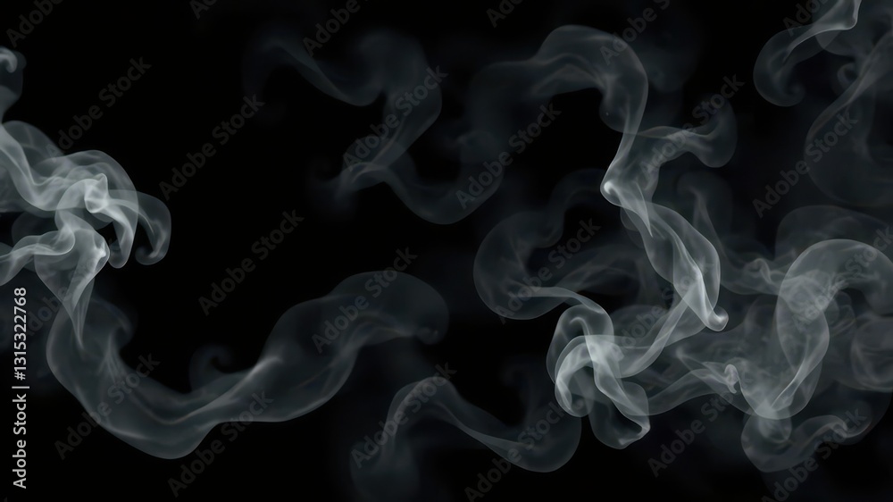 Fototapeta premium Ethereal wisps of gray smoke swirl against a deep black backdrop, abstract, delicate