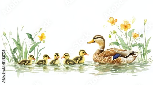 A family of ducks swimming together in a pond, with the ducklings following the mother closely, on a white isolated background