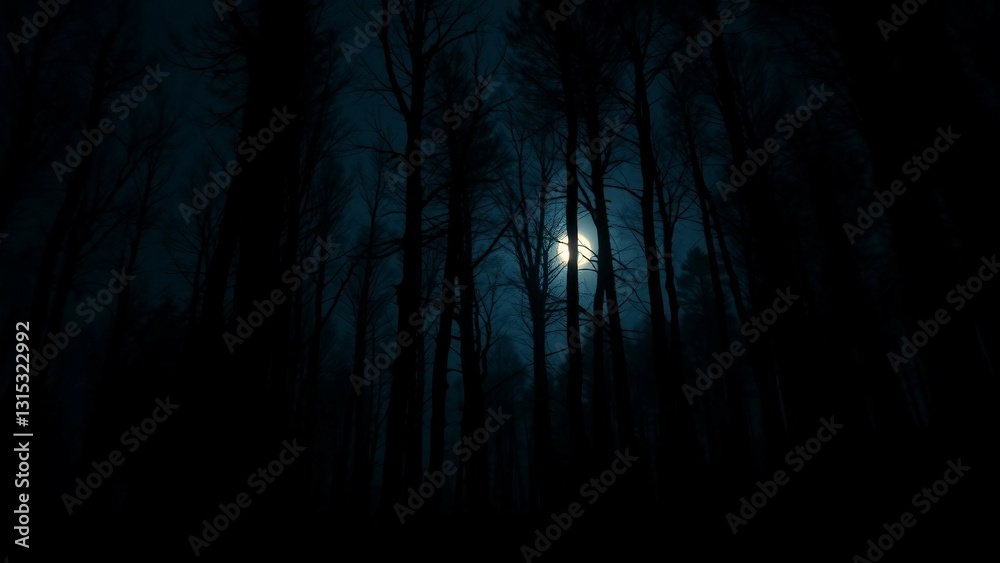 Realistics interplay of moonlight and shadows in a nighttime forest creates a feeling of being alone Realistics interplay of moonlight and shadows in a nighttime forest creates a feeling of being alone