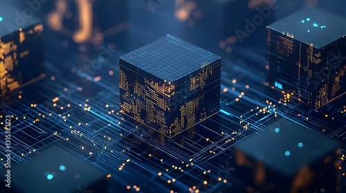 Dark Blue and Gold Binary Code Cubes With Glowing Lines and Particles on a Futuristic Circuit Board