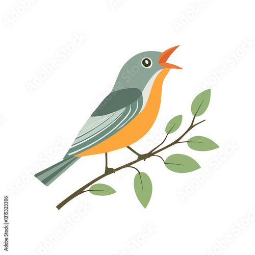 2D flat vector illustration Bird singing on a branch icon isolated on a white background.


