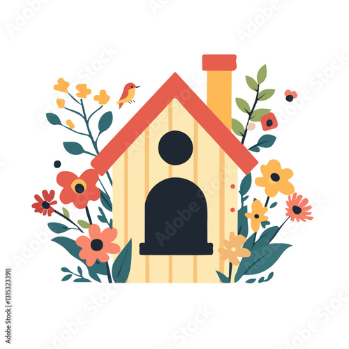 2D flat vector illustration Birdhouse surrounded by flowers icon isolated on a white background.

