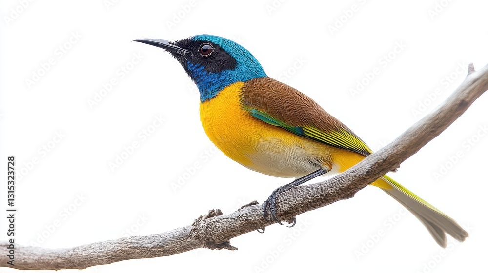 Obraz premium A small bird perched on a branch, with its wings slightly spread, on a white isolated background