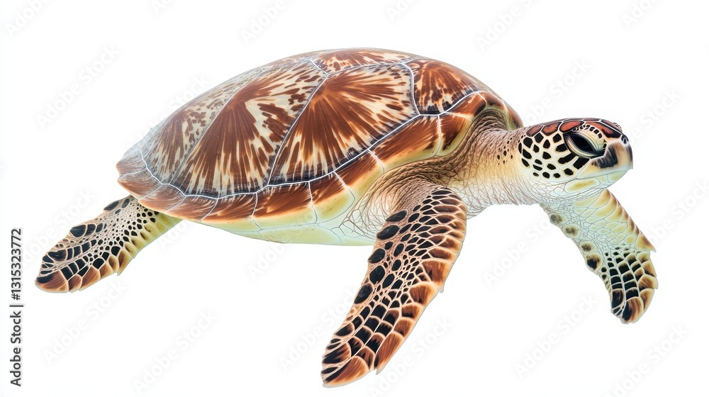 Obraz premium A sea turtle swimming gracefully in the clear blue ocean, with coral reefs below, on a white isolated background
