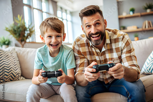 Happy young father and son playing video games while spending time at home