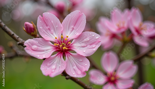 Raindrops on pink blossom petals in urban park, Spring beauty