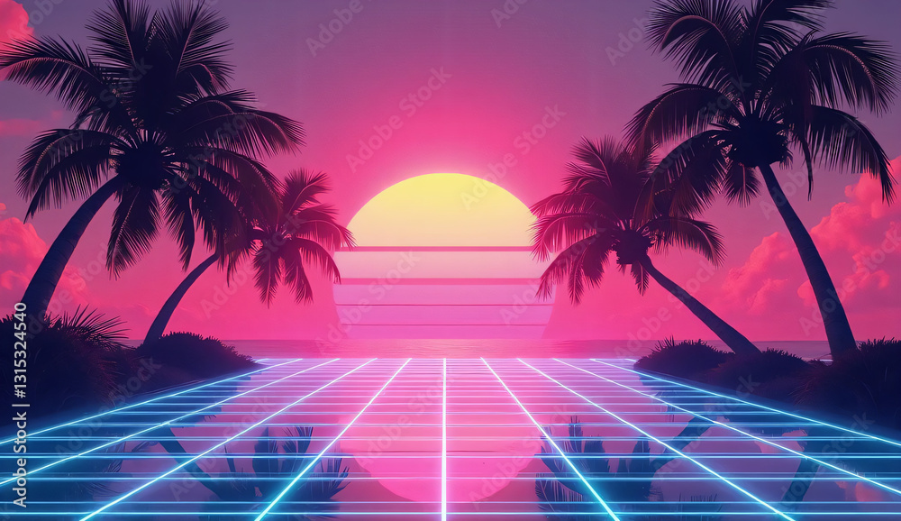 Naklejka premium Retro-Futuristic Sunset with Neon Grid and Palm Trees