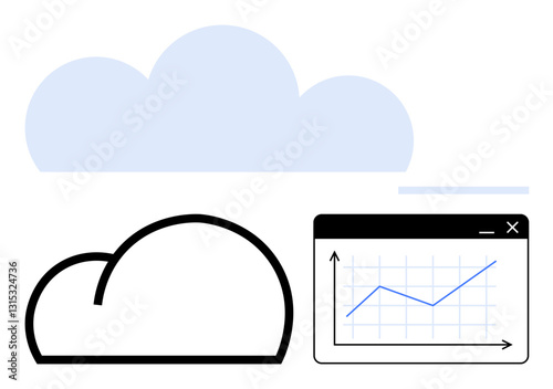 Large cloud shapes with a browser window displaying a rising line graph. Ideal for cloud computing, data analytics, business growth, technology, digital storage, innovation, and progress. Flat simple