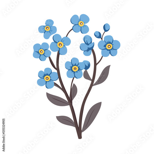 2D flat vector illustration Blue forget-me-not flowers blooming icon isolated on a white background.

