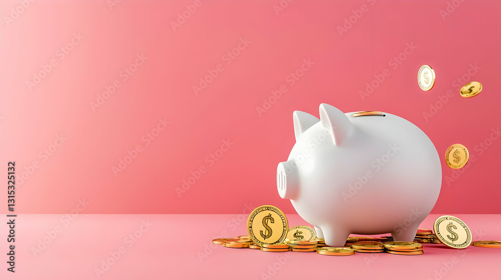 White Piggy Bank Surrounded by Falling Gold Coins on Pink Background Concept for Savings and Financial Investment in Studio Lighting White Piggy Bank Surrounded by Falling Gold Coins on Pink Background Concept for Savings and Financial Investment in Studio Lighting