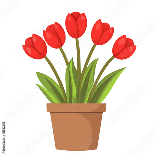 2D flat vector illustration Bright red tulips in a flower pot icon isolated on a white background.

