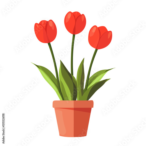 2D flat vector illustration Bright red tulips in a flower pot icon isolated on a white background.

