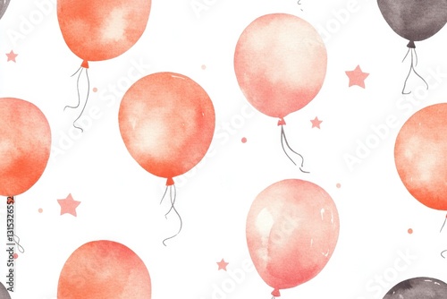 pattern with watercolor balloons, their colors a pastel red and orange on a white background, fun and colorful, suitable for children's room decor Generative AI