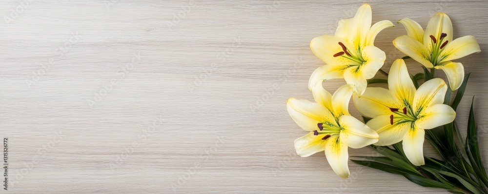 Fototapeta premium Yellow lilies on a smooth pinewood surface, soft-focus floral photography