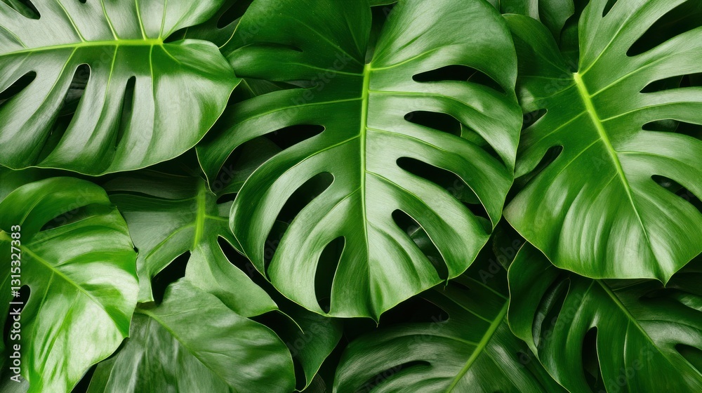 Fototapeta premium Lush Green Monstera Leaves Background: A Vibrant Tropical Foliage Texture