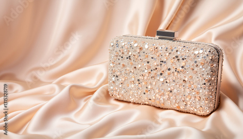 Chic bridal clutch adorned with glimmering sequins on silk, elegance photo