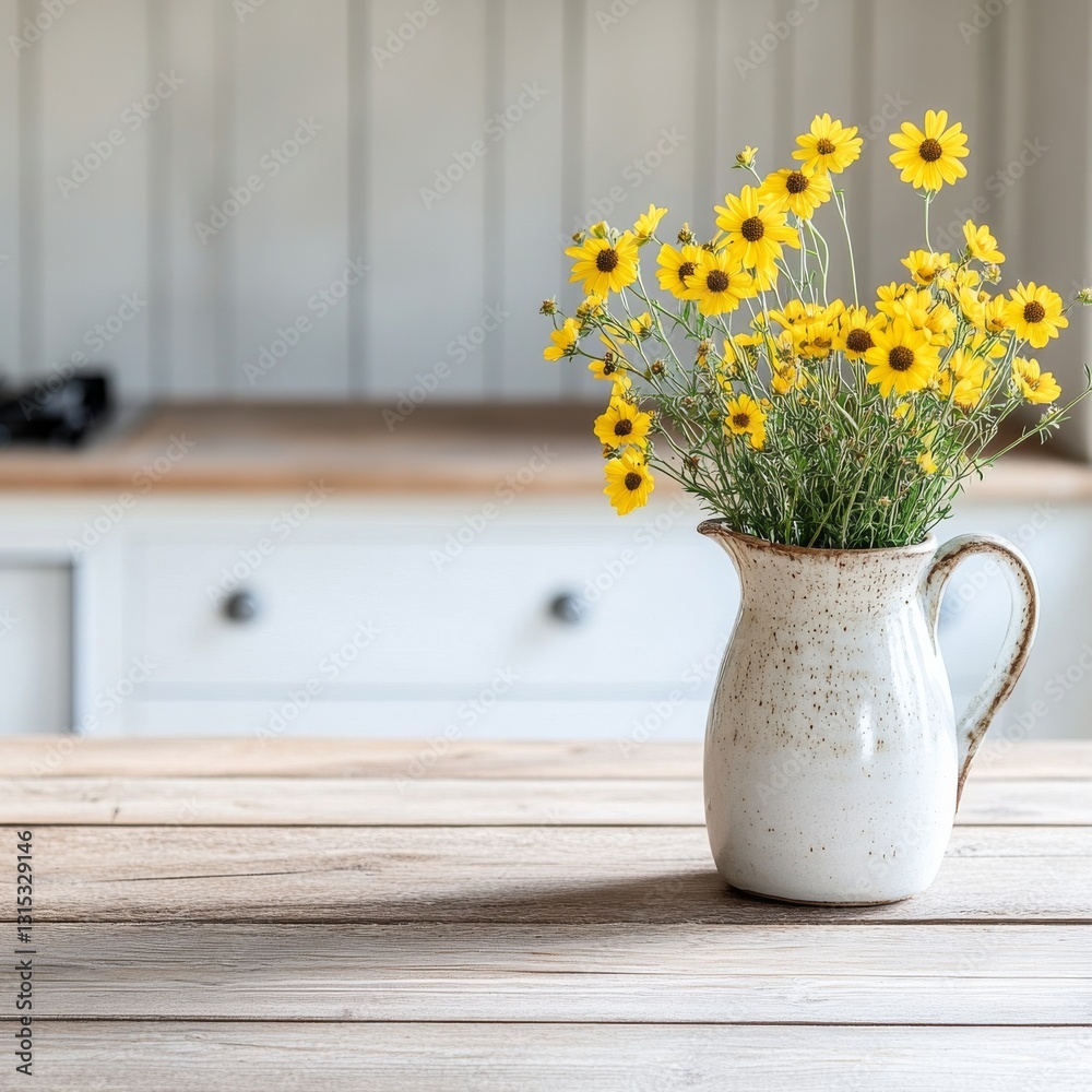 Fototapeta premium Rustic kitchen table with fresh yellow wildflowers in a ceramic pitcher