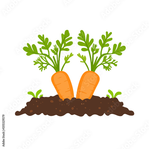 2D flat vector illustration Fresh carrots growing in soil icon isolated on a white background.

