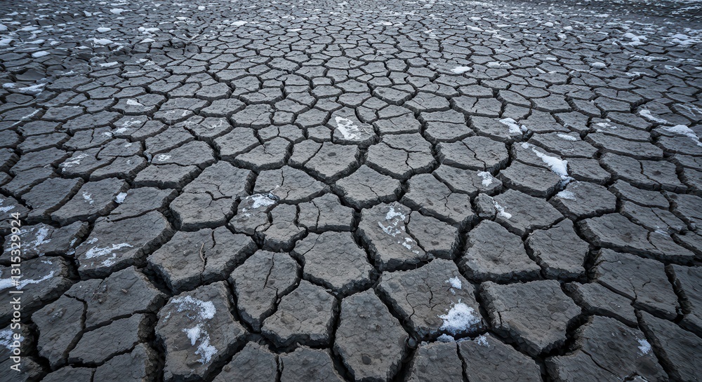 Dry Cracked Soil Landscape with Patches of Snow for Climate Change Imagery Dry Cracked Soil Landscape with Patches of Snow for Climate Change Imagery