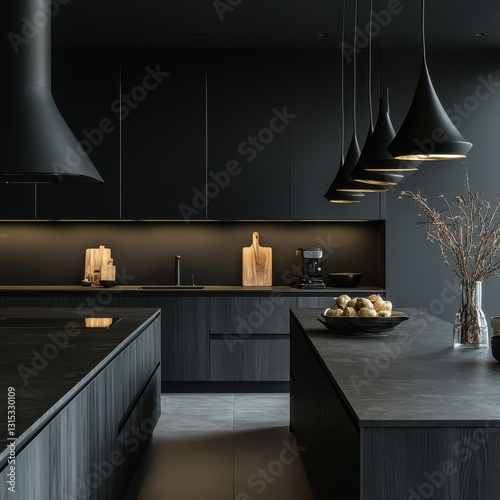 A modern luxury kitchen featuring dark wood cabinets and island