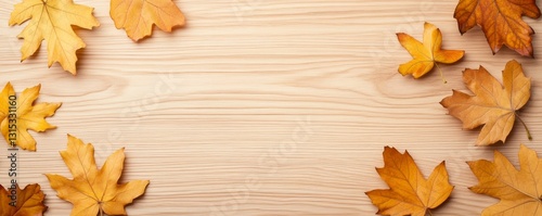Cozy autumn setting with scattered golden leaves and wooden textures