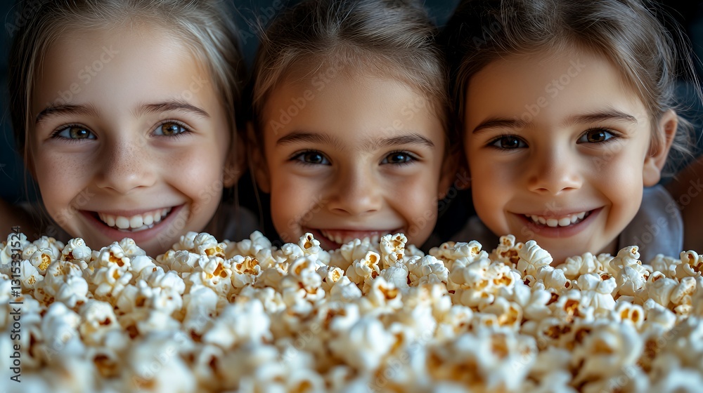 Three Smiling Girls Enjoy a Fun Popcorn Moment Together at Home in the Afternoon Light Three Smiling Girls Enjoy a Fun Popcorn Moment Together at Home in the Afternoon Light