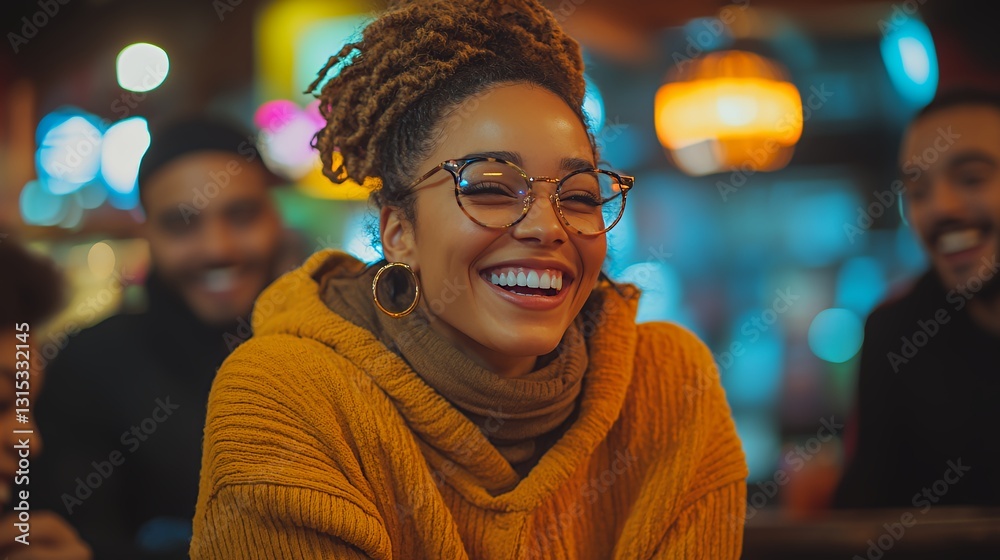 Fototapeta premium Group of Friends Enjoying a Joyful Evening at a Cozy Café Filled With Warm Lighting and Laughter in a Lively Urban Setting