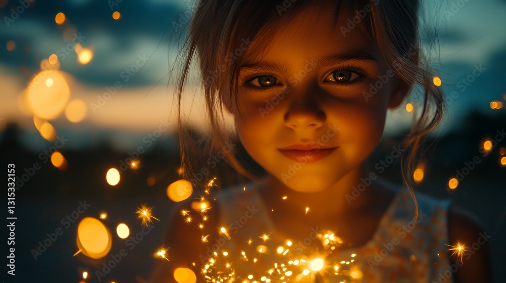 Girl Enjoys Sparklers at Dusk Creating a Magical Atmosphere Filled With Light and Joy Girl Enjoys Sparklers at Dusk Creating a Magical Atmosphere Filled With Light and Joy