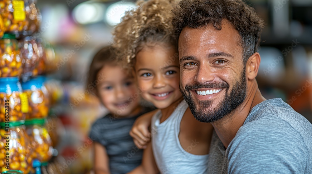 Smiling Father Poses With His Two Daughters at a Bright, Colorful Market During a Sunny Afternoon Smiling Father Poses With His Two Daughters at a Bright, Colorful Market During a Sunny Afternoon
