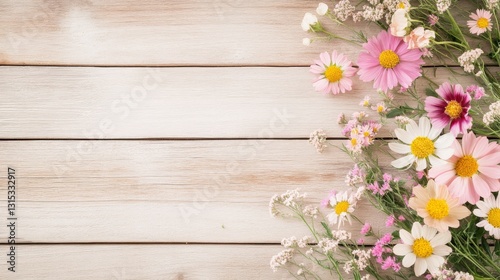 Bohemian-inspired rustic wood and wildflower flat lay composition