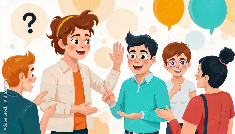 Group of friends happily discussing with colorful balloons in background