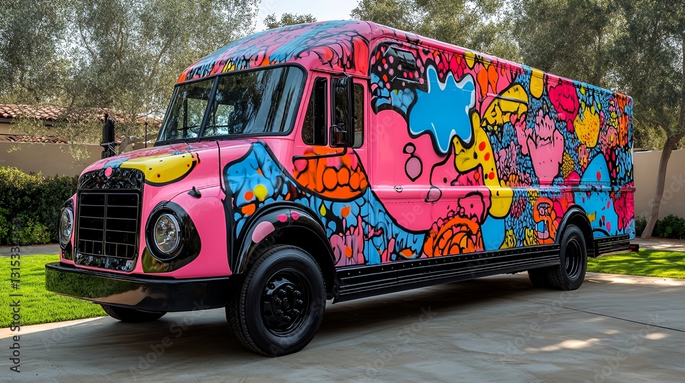 Obraz premium Colorful Food Truck Parked in a Garden Setting Displaying Vibrant Artwork and Inviting Atmosphere for Outdoor Dining Experiences