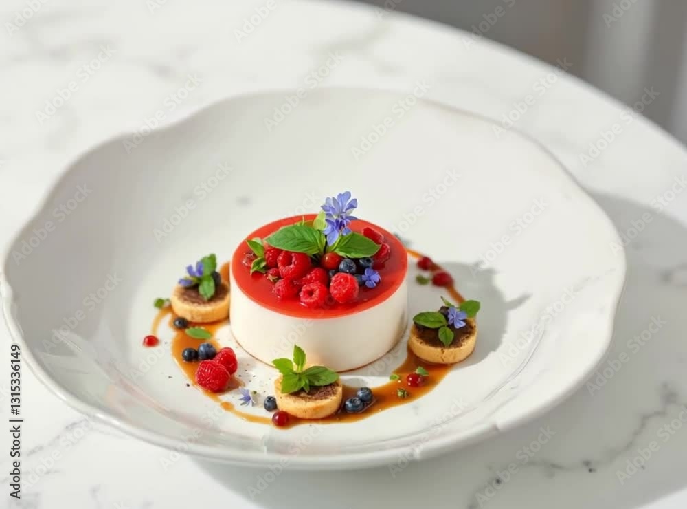 Appetizing elegant restaurant dish with panna cotta dessert, berries, and sauce on a beautifully set table. Appetizing elegant restaurant dish with panna cotta dessert, berries, and sauce on a beautifully set table.